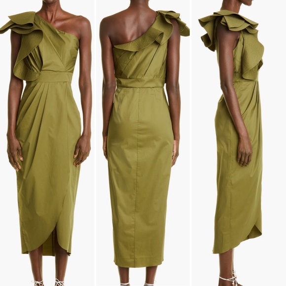 NWT Johanna Ortiz It's Never Too Late One Shoulder Midi Dress in Green Size 2 - Picture 3 of 15